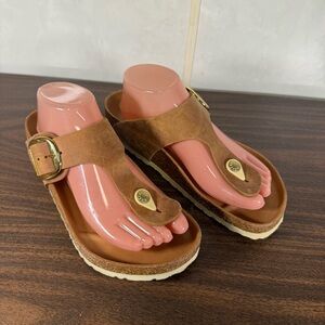 Birkenstock Brown Leather Thong Sandals with Gold Hardware